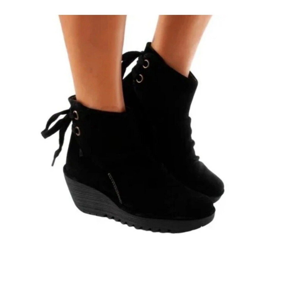 Fly London Yama Black Suede Wedge Ankle Boots Women's Size 38 US 7 shoes